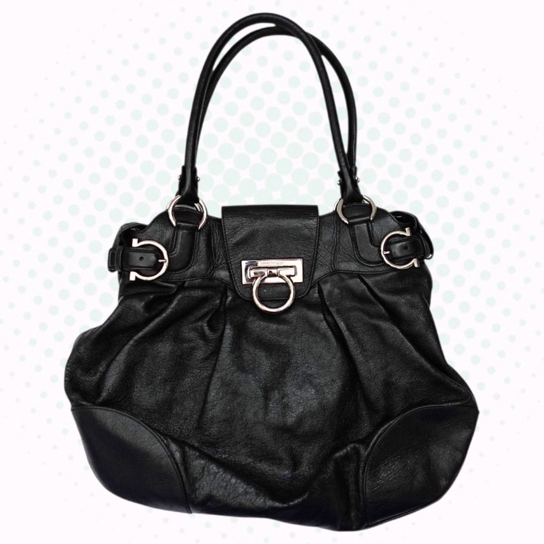 Vintage Salvatore Ferragamo Black Leather Gancini Shoulder Bag